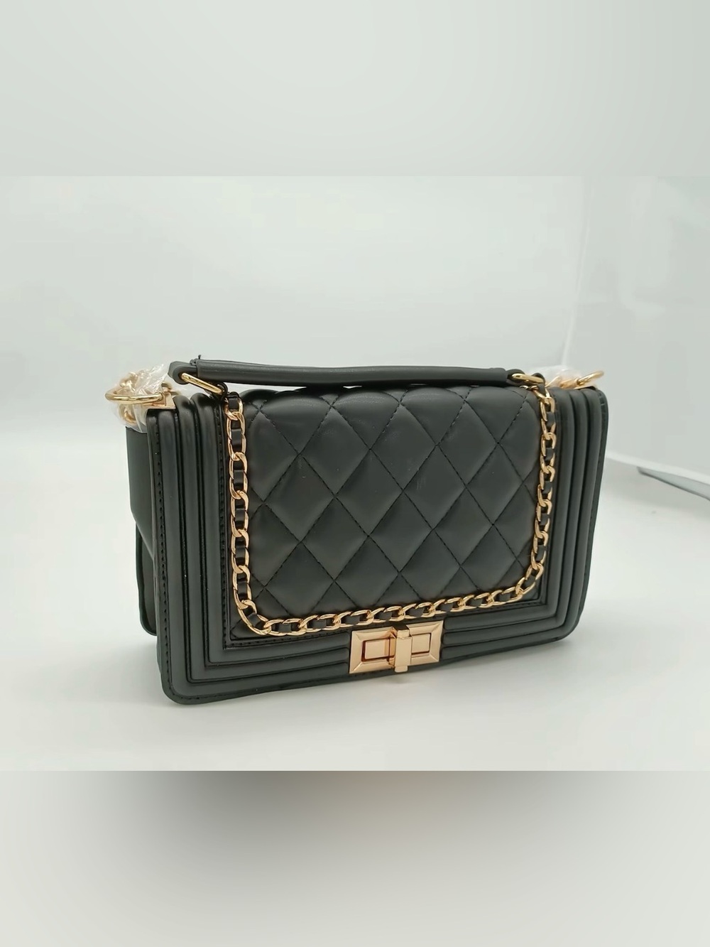 Black Quilted Crossbody Bag Gold Chain Shoulder Purse